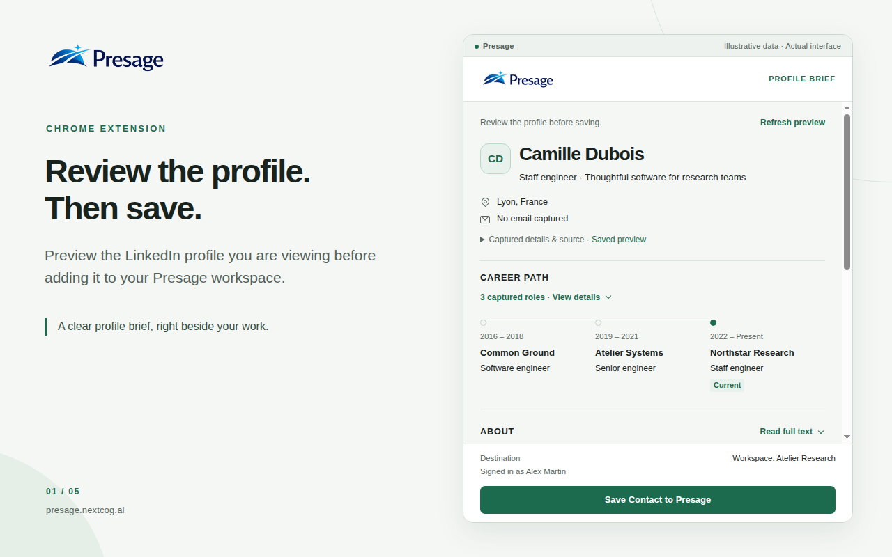 Presage Chrome extension showing a LinkedIn profile preview in its sidebar