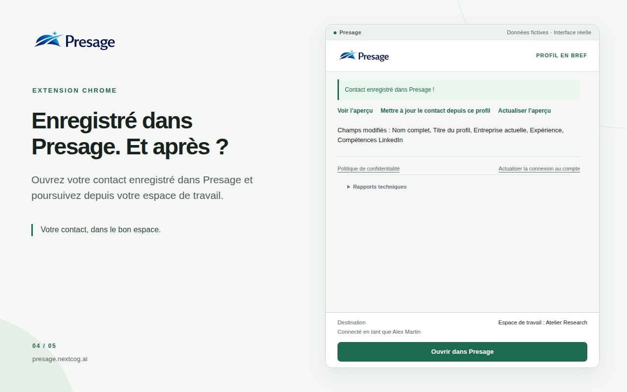 Extension Chrome Presage confirmant l’enregistrement d’un contact avec un lien vers sa fiche dans Presage