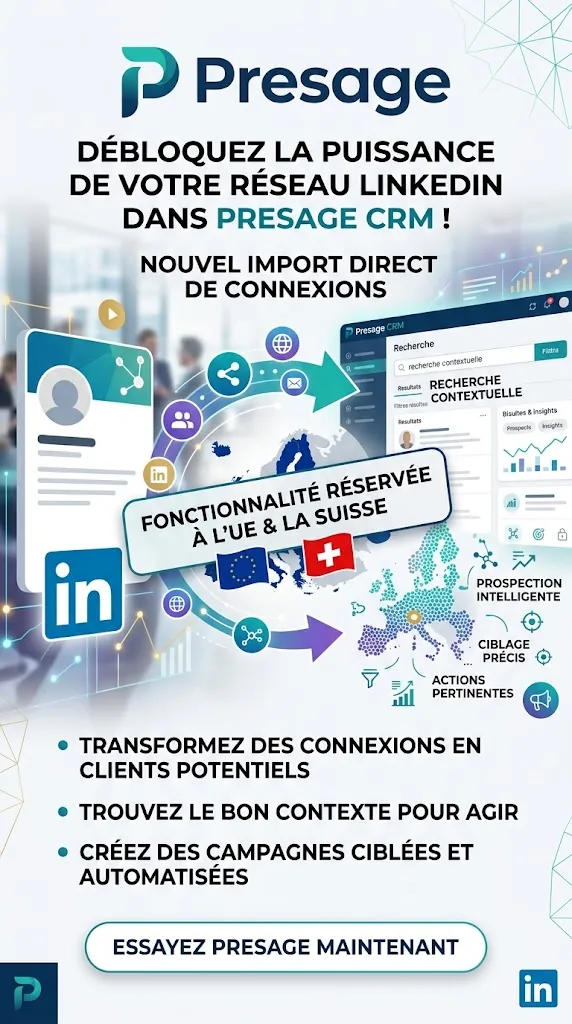 Illustration Presage annonçant l’import direct de connexions LinkedIn pour les utilisateurs éligibles dans l’Union européenne et en Suisse